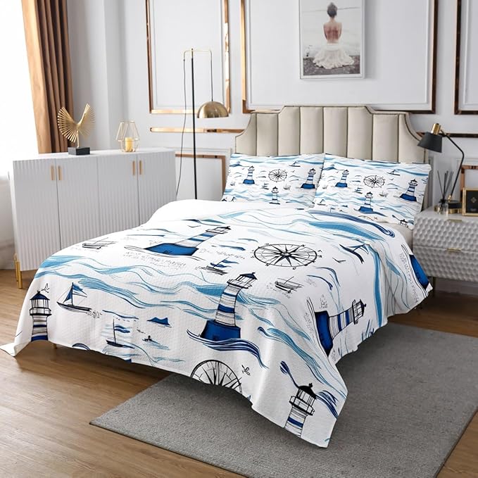 Erosebridal Lighthouse Bedspread Queen Size, Nautical Bedspread Quilt Set Anchor Rudder Coverlet Set for Kids Adult, Modern Fade Quilt Set Soft Microfiber Decorative