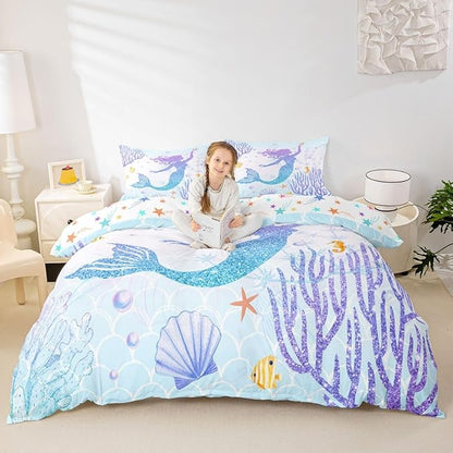 Castle Fairy Mermaid Duvet Cover Set King Size Rainbow Watercolor Glitter Bedding Set for Kids Girls Women Teens Room Decor, Mermaid Fish Scale Comforter Cover Ocean Coral Shell Quilt Cover 3pcs