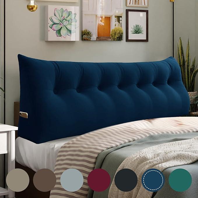 Johnear Wedge Headboard Large Bolster Pillow Reading Pillows for Sitting in Bed Adult， Velvet Triangular Cushion Backrest Lumbar Back Support Upholstered Daybed Sit Up Book Pillows（Darkblue, King）