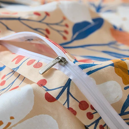 100% Cotton Duvet Cover Queen Size – Autumn Botanical Floral Duvet Cover Set with Zipper Closure, 3-Piece Soft Breathable Percale Weave Bedding Set for All Seasons