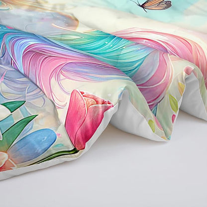 Pink Unicorn Comforter Set Queen Size, 3 Pieces Superior Kids Flower Butterfly Bedding Set for Teen Girls and Kids Toddler, Cute Unicorn for Room Decor 3Pcs, 1 Comforter and 2 Pillowcase
