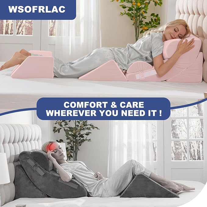 6PCS Multi-Functional Bed Wedge Pillow Kit - 7-in-1 Orthopedic Support for Back/Neck/Legs, Post Surgery Recovery & Sitting Up in Bed, Post Surgery Foam for Body, Pink