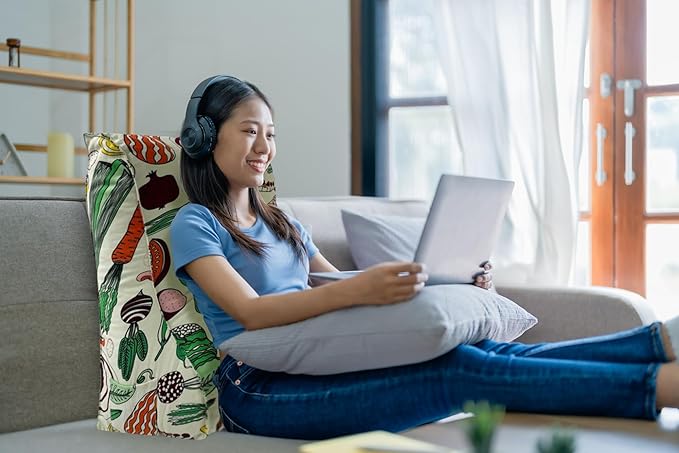 WOWMAX Curve Reading Pillow for Bed Adult, Heighten Back Pillow for Sitting in Bed, Back Support Pillow for Bed, Chair Pillow for Back Support, 100% Cotton Removable Cover, Veggies