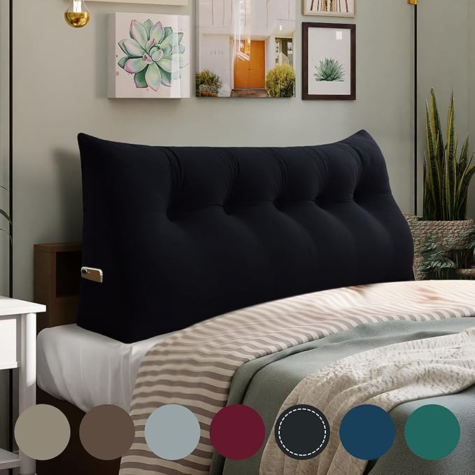 WOWMAX 100% Cotton Velvet Headboard Pillow – Queen Size Wedge Back Support Reading Bolster for Bed & Daybed, Handmade Firm Support Cushion with Removable Cover, Soft Luxury Bed Rest Pillow, Black
