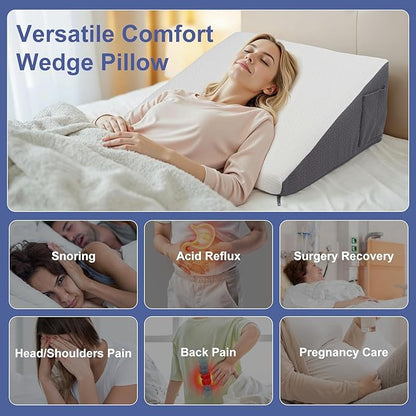 Wedge Pillow for Headboard, 12’’ Triangle Elevated Bed Wedge Pillow for Acid Reflux Relief, Sleeping, Post Surgery, Back Pain Relief, Snoring, Soft Memory Foam Top & Washable Breathable Cover, Grey