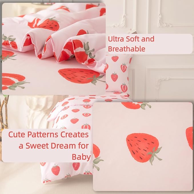 SDIII 4 Piece Strawberry Toddler Bedding Set, Kawaii Fruit Printed Pink Toddler Bedding Girl with Comforter, Fitted Sheet, Flat Sheet, Pillowcase