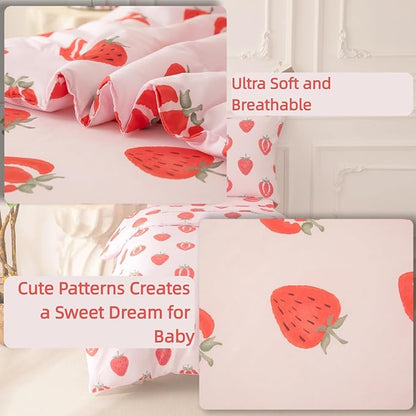 SDIII 4 Piece Strawberry Toddler Bedding Set, Kawaii Fruit Printed Pink Toddler Bedding Girl with Comforter, Fitted Sheet, Flat Sheet, Pillowcase