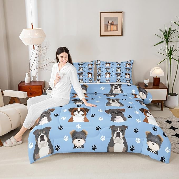 Castle Fairy Cartoon Dogs Comforter Set,Cute Puppy Paw Prints Bedding Set for Kids Boys Teens,Watercolor Lovely Pet Animals Decor Comforter Duvet Set with 1 Pillowcase Twin Size 2 Pcs