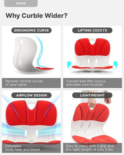 curble Wider(Standard Wide) 2PACK – Ergonomic Lower Back Chair Support, Lumbar Support Back Posture Corrector, Back Pain Relief, Perfect for Office, Floor Seat and Work from Home, Patented (2P Red)