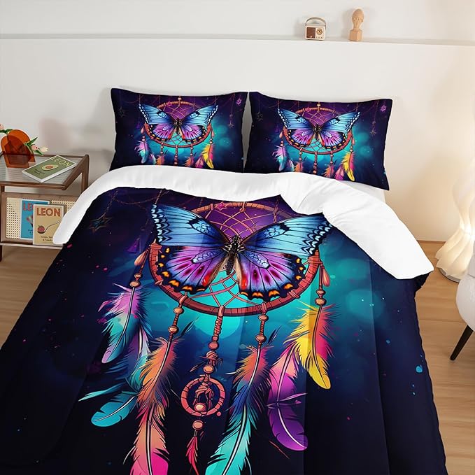 HOSIMA Dream Catcher Comforter Set 3Pcs for Teens Adults Girls Room Decor,Boho Comforter Set Queen Size Bed Native American Gypsy Butterfly Bedding Indian Hippie Feather Comforter.