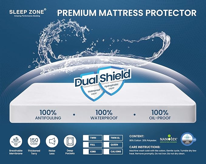 SLEEP ZONE Waterproof Mattress Protector Queen Size, Soft Breathable Cotton Terry Mattress Cover, Washable Noiseless Bed Cover Deep Pocket 8"-21", Queen