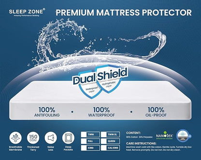 SLEEP ZONE Waterproof Mattress Protector Queen Size, Soft Breathable Cotton Terry Mattress Cover, Washable Noiseless Bed Cover Deep Pocket 8"-21", Queen