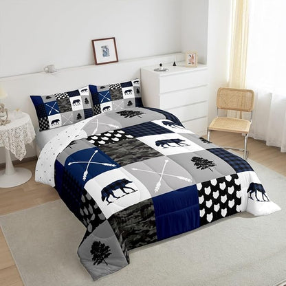 Feelyou Camo Comforter Set Queen Size Rustic Comforter for Boys Girls Teens Woodland Wolf Bedding Set Camping Quilt Set Hunting Adventure Breathable Duvet Set