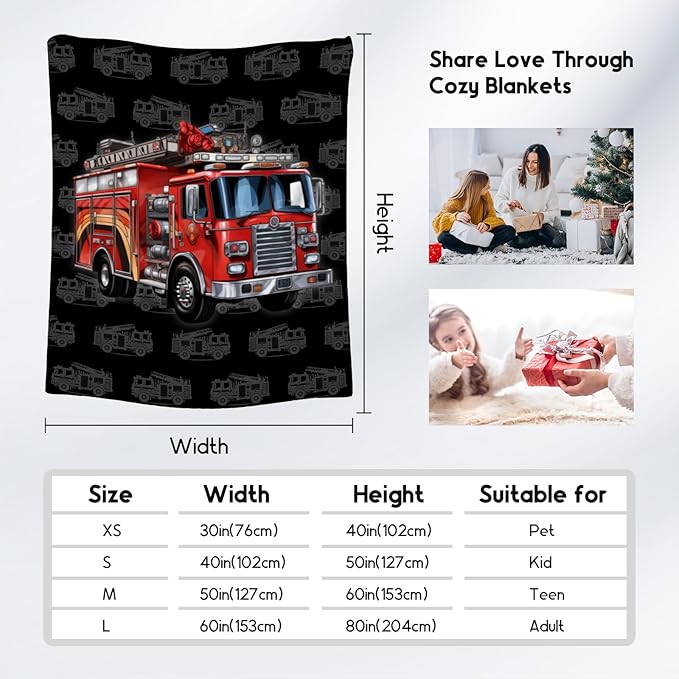Toddler Blankets for Boys, Cozy Soft Fire Truck Throw Gifts for Kids, Black Flannel Firefighter Blankets for Couch Office, 30x40 Inches