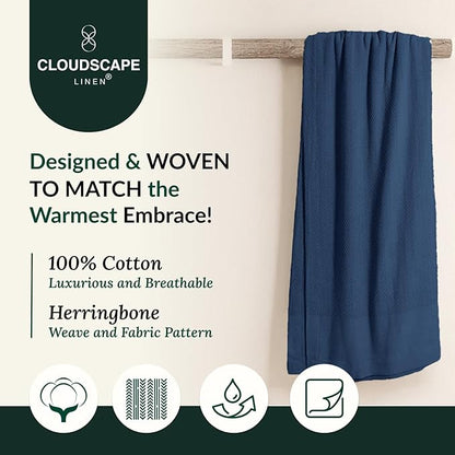 Cloud Scape Linen Herringbone Cotton Twin Blanket for Couch, Bed,Sofa, Home Decor, Soft, Weighted, All-Season, Winter Bed Blanket, Best Gift Idea, 68 x92, Ensign Blue