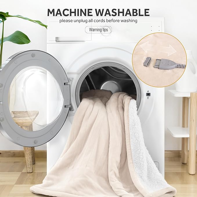 Heated Blanket Electric Blanket Twin Size Soft Flannel Sherpa, 6 Heat Levels Fast Heating, 2 to 10 Hours Auto-Off Detachable Controller Machine Washable, Beige 62"x84"