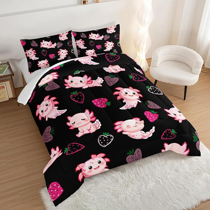 Cute Axolotl Bedding Set Full Size,Pink Axolotl Strawberry Printed Comforter Sets Aesthetic Bedding for Kids Girls,Beach Coastal Animal Themed Comforter Sets with 2 Pillowcases.
