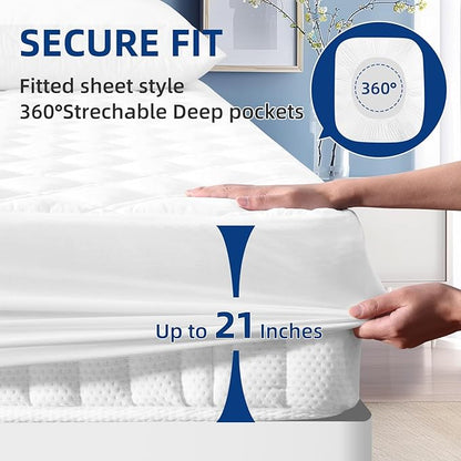 Padded Queen Mattress Protector, Breathable Waterproof Mattress Pad Cover Fitted Deep Pocket 8"-21", Soft Noiseless Mattress Cover Washable Cooling for Home Hotel Bedroom, White