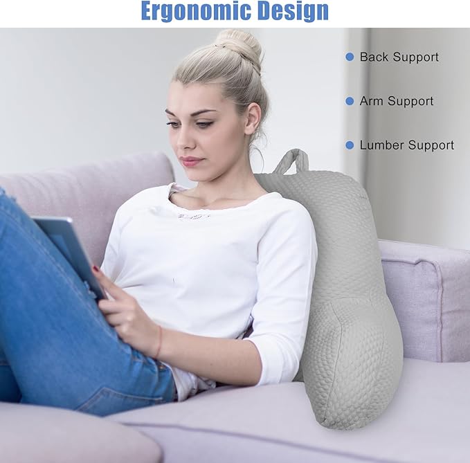 Reading Pillow, Silk Back Support Pillow for Bed Sitting Up, Large Bed Rest Pillow with Arms for Adults,Back Support Pillow for Couch and Chair, Grey