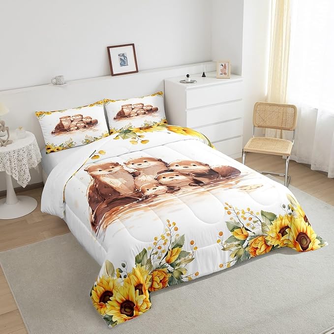 Watercolor Otter Kids Comforter Set Twin Size 2 Pcs Yellow Sunflowers Green Leaves Rustic Bedding Set for Boys Girls Teens Cute Cartoon Wild Animals Microfiber Duvet Set with 1 Pillowcase
