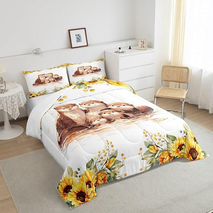 Watercolor Otter Kids Comforter Set Full Size 3 Pcs Yellow Sunflowers Green Leaves Rustic Bedding Set for Boys Girls Teens Cute Cartoon Wild Animals Microfiber Duvet Set with 2 Pillowcases