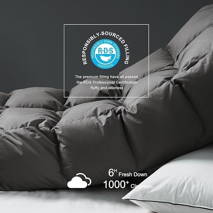 Royoliving Premium Feathers Down Comforter 100% Cotton Cover Duvet Insert with Corner Tabs (Charcoal Grey, King All Season)