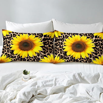 Castle Fairy Sunflowers Bedding Set Twin Size,Leopard Fur Print Duvet Cover for Kids Boys Bed Comforter Cover Set,Wildlife Animal Floral Bedding Quilt Cover Set Decorative 2 Pieces