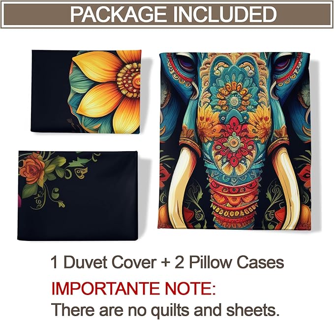 Elephant Duvet Cover California King, Indian Elephant Bedding Set 3 Piece Bedroom Decor African Wildlife Comforter Cover and 2 Pillow Sham with Zipper Closure