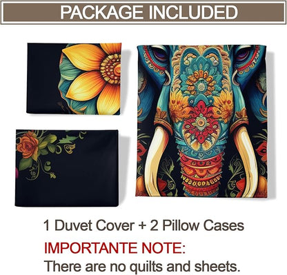 Elephant Duvet Cover California King, Indian Elephant Bedding Set 3 Piece Bedroom Decor African Wildlife Comforter Cover and 2 Pillow Sham with Zipper Closure