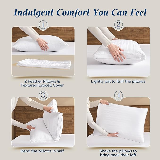 downluxe Goose Feather and Down Pillows - 2 Pack Gusseted Hotel Collection Feather Pillows Set of 2 for Back, Stomach or Side Sleepers, King Size (18"x34"x2")
