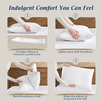 downluxe Goose Feather and Down Pillows - 2 Pack Gusseted Hotel Collection Feather Pillows Set of 2 for Back, Stomach or Side Sleepers, Queen Size (18"x26"x2")