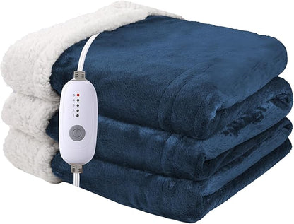 Heated Blanket Electric Throw 50''x60'', 3 Hour Auto Shut-Off 5 Heating Levels Small Warm Soft Flannel Electric Blanket Machine Washable - Navy Blue