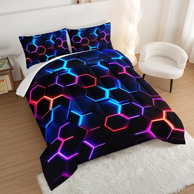 Hexagon Geometric Comforter Set Honeycomb Bedding Sets,Blue Neon Gamer Comforter Sets for Boys Men Kids Room Decor,King Size Bedding Comforter Sets with 2 Pillowcases.