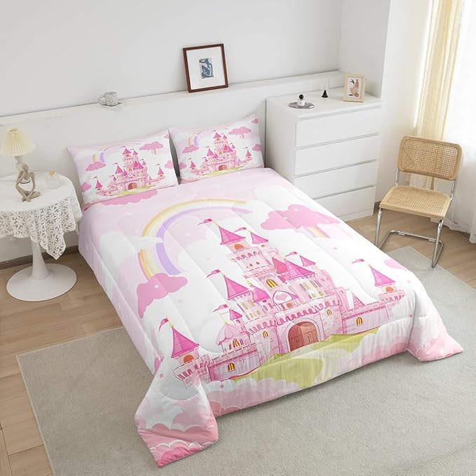 Feelyou Kids Queen Pink Castle Comforter Set Rainbow Castle Bedding Set Girls Princess Comforter Fairy Tales Duvet Set Girls Bed Set 3Pcs