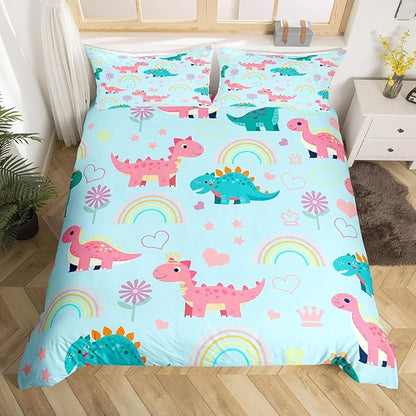 Kawaii Dino Duvet Cover Set King Size,Cute Rainbow Floral Love Heart Reversible Comforter Cover with 2 Pillowcases,Blue Pink Dinosaur Cartoon Animal Microfiber Quilt Cover Set (NO Comforter)