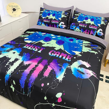 Wajade Gaming Comforter Set Full Size Bed in a Bag for Boys and Girls, 7 Pieces Kids 3D Video Game Controller Printed Bedding Set Includes Comforter, Flat Sheet, Fitted Sheet, Two Pillowcases & Shams