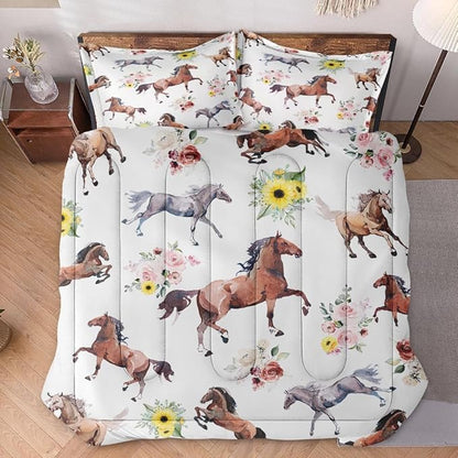 King Size Comforter Set with 2 Pillowcase, Vintage Horse Brown Soft 3 Pcs Bedding for Kids and Adults, Get Watercolor Run Comforter Set for Room Bedroom Bed Decor