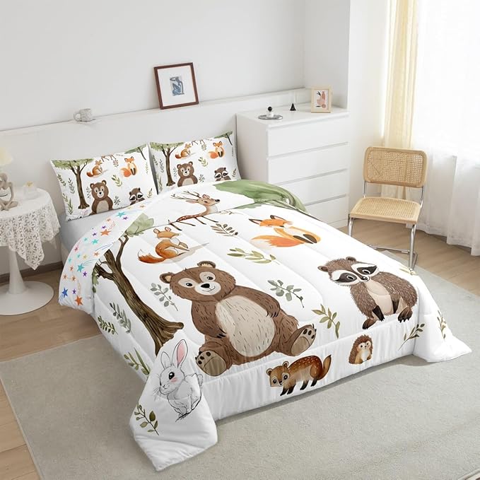 jejeloiu Woodland Animals Bedding Set Twin Size Bear Fox Comforter Set for Kids Boys Girls Neutral Theme Duvet Set Forest Animal Quilt Set 2Pcs