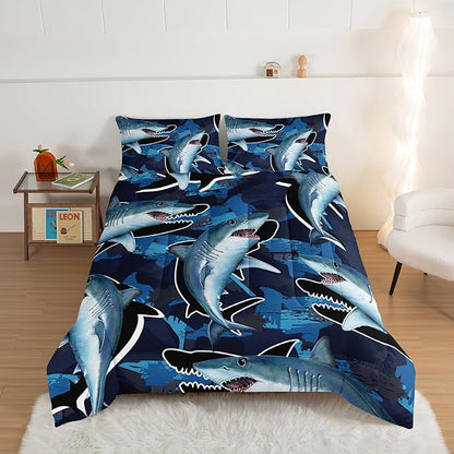 HOSIMA Blue Shark Bedding Set for Adults Kids,Cartoon Shark Pattern Comforter Set King Size for Boys,Blue Ocean Animal Themed Comforter Set for Boys Room Decorate with 2 Pillowcases.