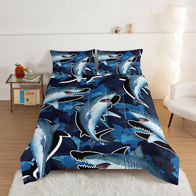 HOSIMA Blue Shark Bedding Set for Adults Kids,Cartoon Shark Pattern Comforter Set Full Size for Boys,Blue Ocean Animal Themed Comforter Set for Boys Room Decor with 2 Pillowcases.
