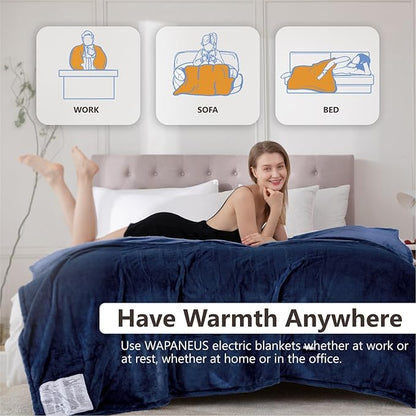 Wapaneus Heated Blanket Electric Blanket 72" x 84" Full Size with 10 Heating Levels and 12 Hours time Settings, Flannel Fast-Heating Electric Blanket, ETL Listed, Machine Washable,Dark Blue
