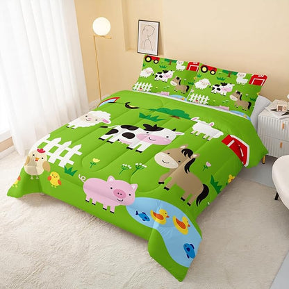 QOOMO Farm Animal Comforter,Pig Cow Sheep Comforter Set for Kids Teens Girls Boys,3Pcs Bedding Set Printed Comforter with 2 Pillowcases,Down Alternative,Soft and Lightweight，Queen Size