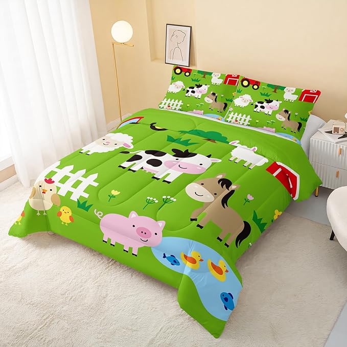 QOOMO Farm Animal Comforter,Pig Cow Sheep Comforter Set for Kids Teens Girls Boys,3Pcs Bedding Set Printed Comforter with 2 Pillowcases,Down Alternative,Soft and Lightweight，Full Size