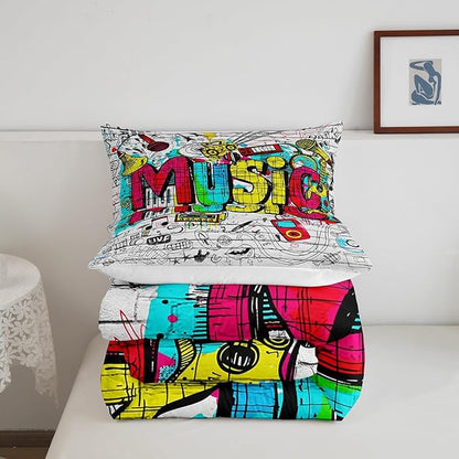 Castle Fairy Street Art Wall Comforter Set Queen Size Rock Music Bedding Set for Kids Boys Girls Bedroom Decoration Hip Hop Graffiti Bed Duvet Insert Guitar Radio Comforter with 2 Pillowcase