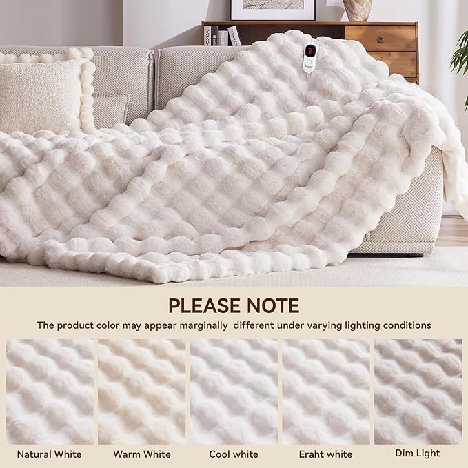 Heated Blanket King Size with 1/2/4/6/8 Hours Auto-Off 10 Heat Level, 90'' * 100'' Cozy Faux Rabbit Fur Bubble Electric Blanket with Overheat Protection(White)