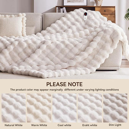 Heated Blanket King Size with 1/2/4/6/8 Hours Auto-Off 10 Heat Level, 90'' * 100'' Cozy Faux Rabbit Fur Bubble Electric Blanket with Overheat Protection(White)
