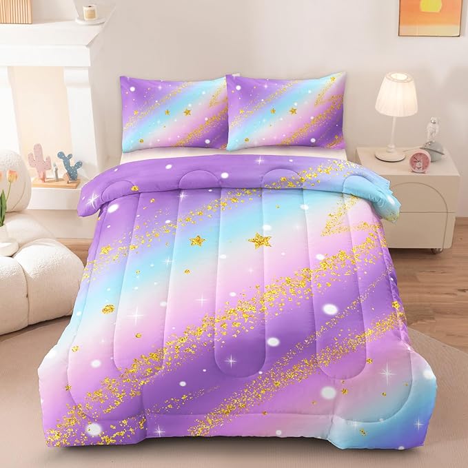 3 Pcs Full Bedding Sets for Girls, Purple Glitter Rainbow Full Size Bed Set, Stars Galaxy Bedding Comforter Set for Girls