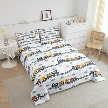Erosebridal Cartoon Train Bedding Set Full for Boys Cute Truck Comforter Set Car Themed Bedding Sets & Collections Kawaii Steam Engine Duvet Insert Blue Clouds Print Quilted Comforter for Kids Bedroom