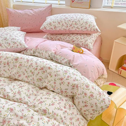 Floral Duvet Cover Queen Size Spring Pink Floral Bedding Set 3Pcs Kids Boys Girls Botanical Garden Aesthetic Flower Coquette Comforter Cover with Zipper Closure and 2 Pillowcase