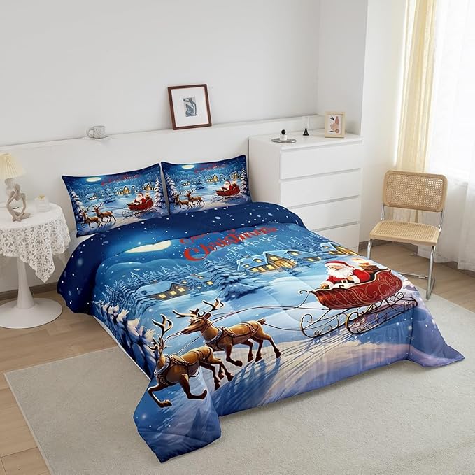 Cartoon Santa Claus Comforter Set Twin,Christmas Deer Reindeer Moose Bedding Set for Kids Boys Girls,Xmas New Year Gift Duvet Insert,Merry Christmas Tree Down Comforter with 1 Pillowcase